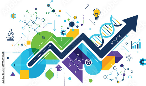 Scientific innovation and biotechnology growth concept with DNA helix, research data chart, molecular structure, and business success arrow illustration