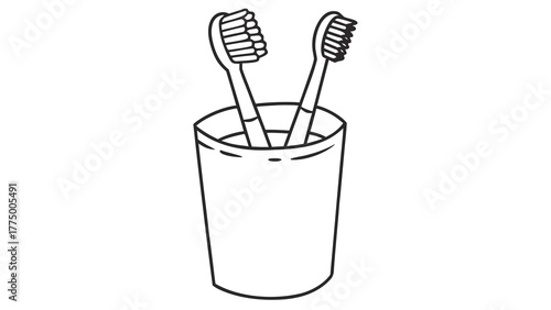 Two toothbrushes standing upright in a cup with visible bristles and handles in a simple line drawing