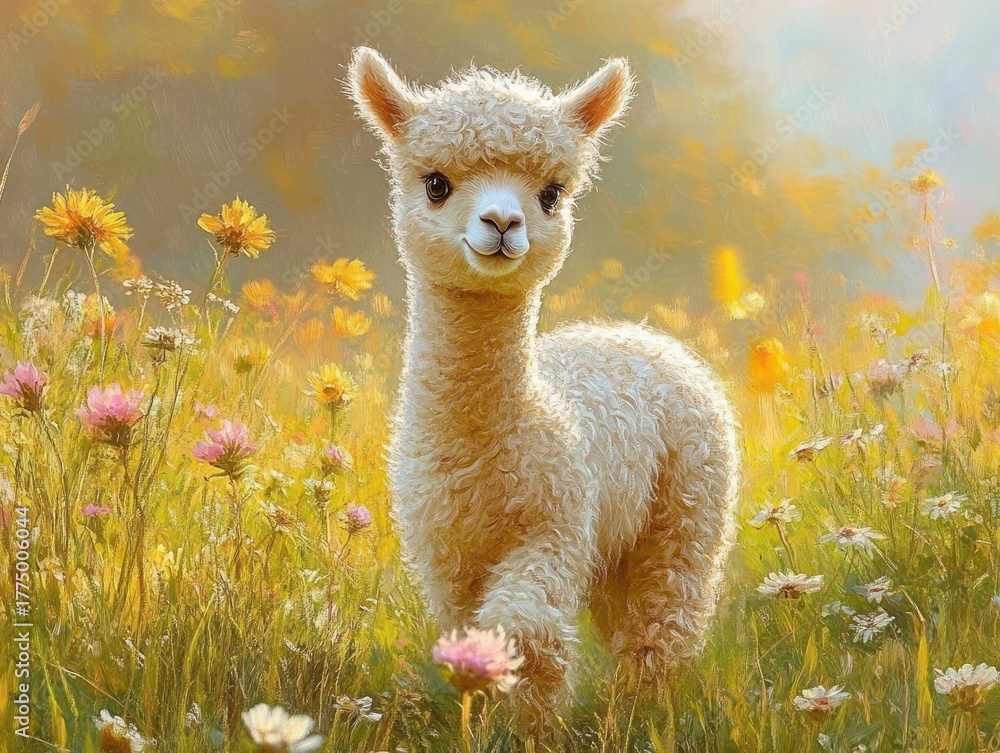 Naklejka premium adorable young white alpaca standing in a sunlit blooming meadow surrounded by colorful wildflowers with a warm and peaceful atmosphere