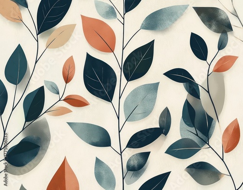 Abstract illustration of variously colored leaves in shades of dark green, teal, orange, and beige on thin black stems against a light background conveying calm and natural beauty