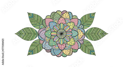 Intricate floral design with soft pastel hues radiates tranquility and organic symmetry for