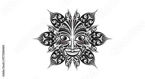 Intricate tribal sun face with radiant ornate patterns, embodying spiritual power and ancestral