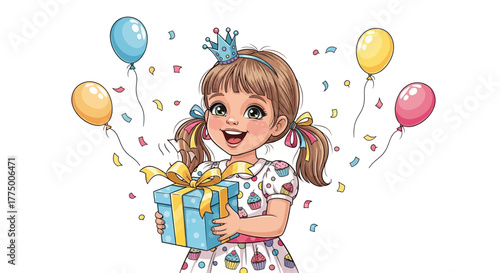 Joyful birthday celebration: Little girl receives present amidst balloons and confetti excitement