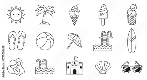 Line art summer icons collection featuring beach, vacation, and summertime themed elements