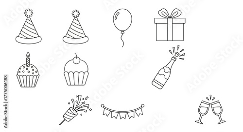 Minimalist birthday icons collection featuring party hats, sweets and celebration elements perfect