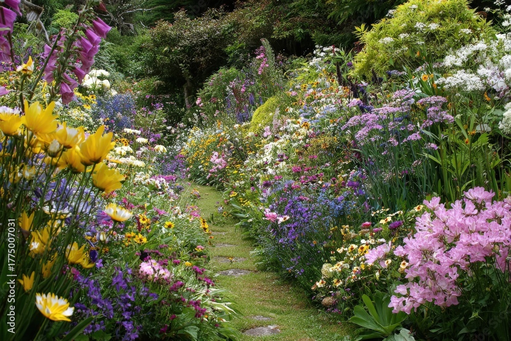 Fototapeta premium Lush garden landscape showcasing a vibrant display of colorful wildflowers along a winding stone pathway