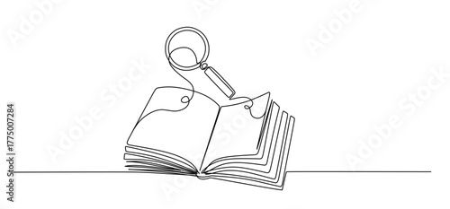 Open book with magnifying glass in continuous line art drawing style. Research and knowledge symbol. Black linear design isolated on white background.
