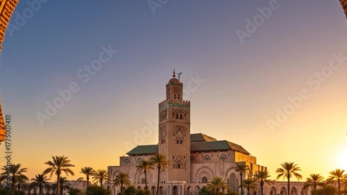 Hassan ii mosque in casablanca, morocco, viewed through an ornate archway at sunset