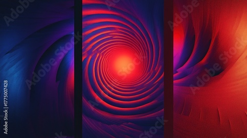 Three-panel abstract digital artwork featuring spiraling and curved shapes in vibrant red, purple, and blue hues creating a dynamic and hypnotic visual effect