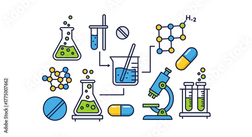 Scientific laboratory equipment and chemical compounds depicted in a vibrant, illustrative style