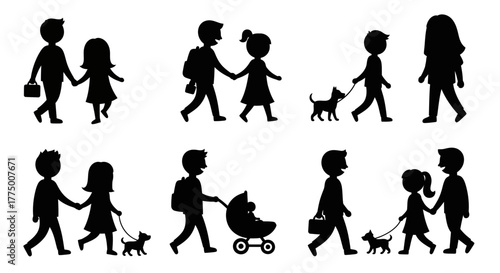 Silhouette family figures portraying diverse scenarios of everyday life together