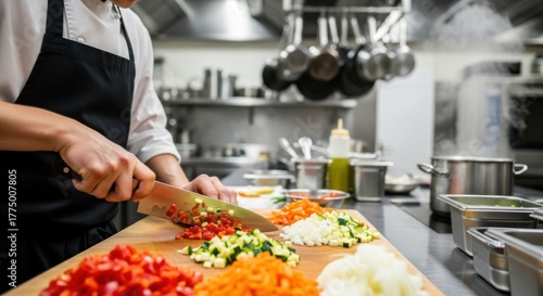 Chef meticulously chopping colorful vegetables on a wooden cutting board in a professional kitchen.