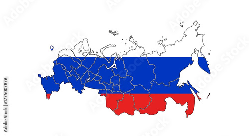 Stylized depiction of the Russian Federation map overlaid with national flag colors visual