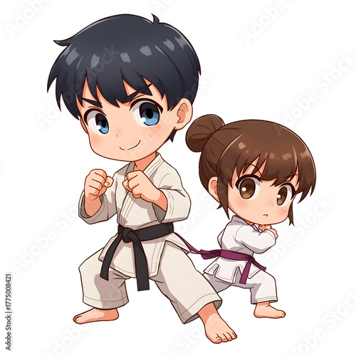 Chibi anime boy and girl practicing martial arts in a gi, cute action pose, isolated on transparent background