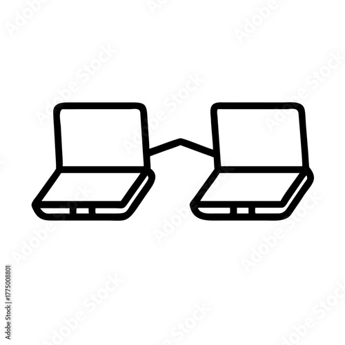 Two connected laptops illustrate network or communication. The laptops are side by side with a line linking them. This image portrays networking and connectivity concept. 