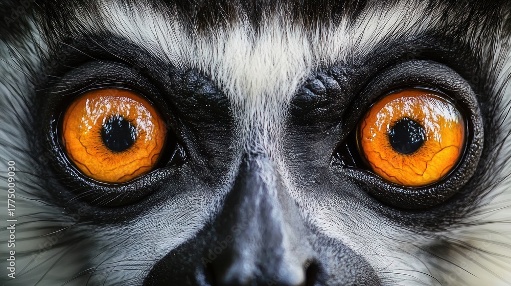 Naklejka premium Close-up view of a lemur's intense bright orange eyes and detailed facial fur textures conveying curiosity and alertness