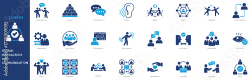 Collection of 24 glyph blue two tone icons representing human interaction, teamwork, communication, connection, and collaboration in modern style.