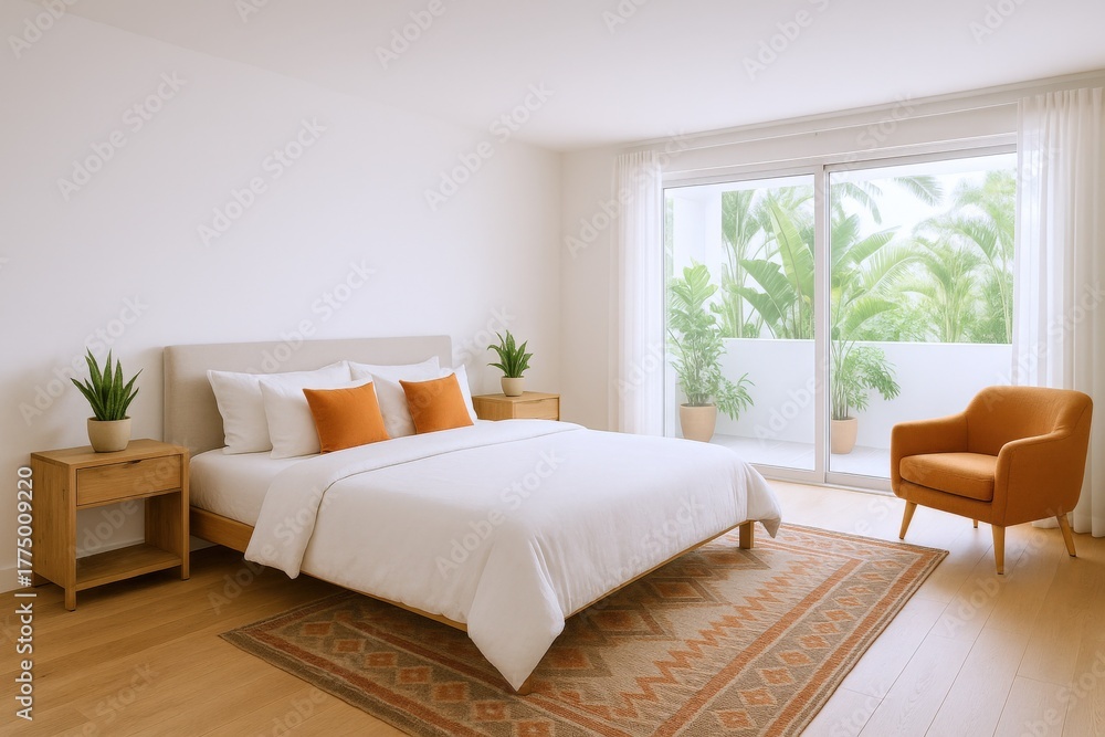 Fototapeta premium Bright and airy bedroom interior featuring a queen sized bed and balcony overlooking lush tropical foliage