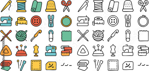 Colorful and Outline Sewing Equipment Icons Set.