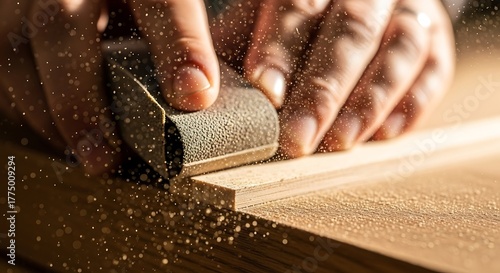 Hands carefully sanding wood plank with sandpaper, sparks in the air