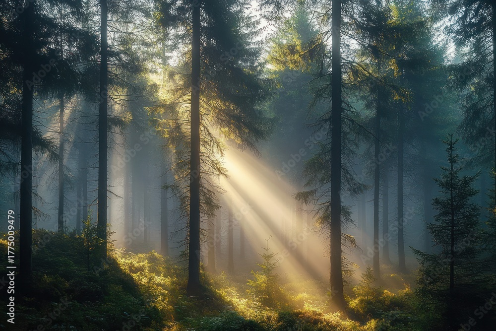 Obraz premium Sunlight beams piercing through tall pine trees in a misty forest creating a serene and mystical atmosphere