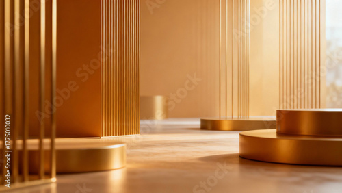 Geometric interior with warm amber and gold tones, clean lines. real-estate listings, architecture portfolios, designed for real-estate listing and luxury residence showcases.