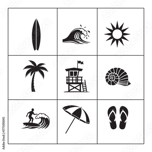 Create a vibrant summer vibe with these stunning beach icons perfect for vacation designs, travel promotions, and coastal lifestyle themes, ready for your project
