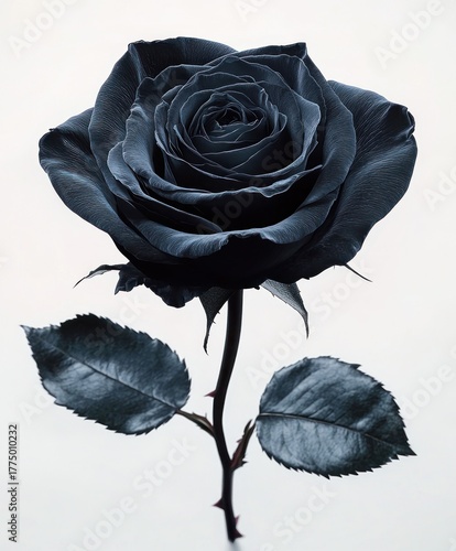 Close-up of a detailed dark blue rose with textured petals and sharp leaves on a neutral background, evoking elegance and mystery