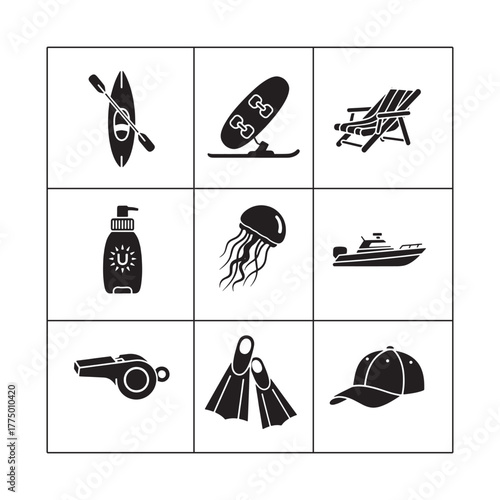 Summer fun icons featuring a kayak, skis, beach chair, sunscreen, jellyfish, boat, whistle, flippers, and cap, perfect for travel and vacation themes