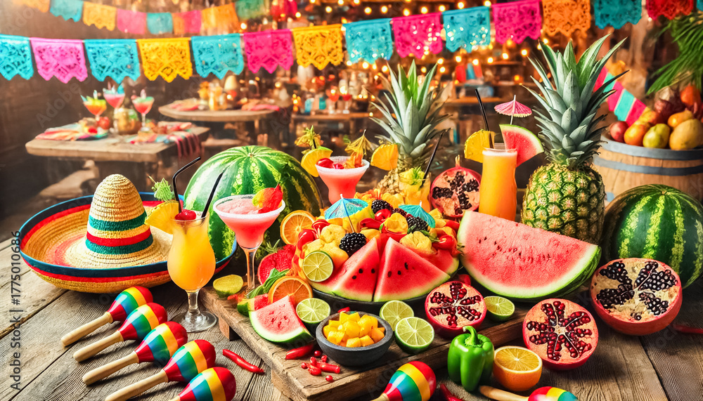 Naklejka premium Vibrant Fruit and Drink Display with Festive Accessories