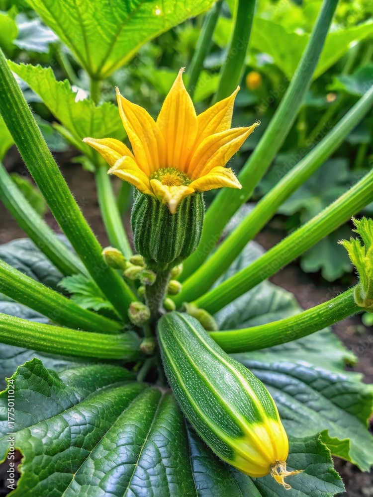 Obraz premium organic zucchini plant with vibrant green leaves and blossoming flowers in a lush garden