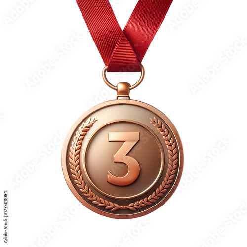 Bronze medal with red ribbon isolated on transparent background for third place