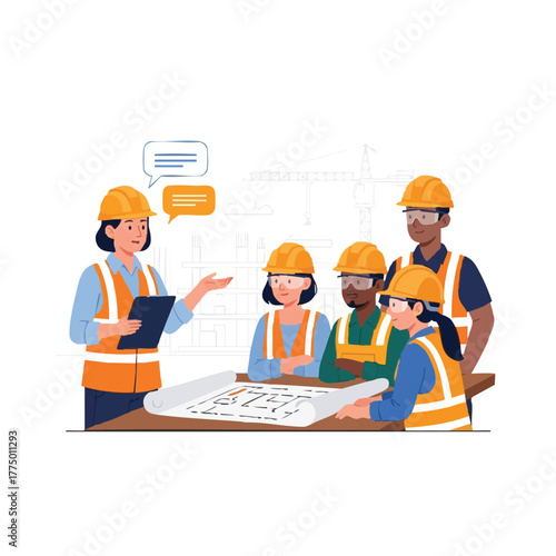A diverse team of construction workers reviews blueprints and discusses project details, ensuring collaborative success and efficient planning.