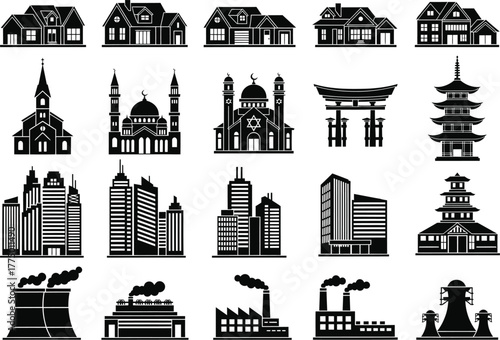 Collection of silhouette icons representing diverse architectural styles from residential homes to industrial factories and religious buildings