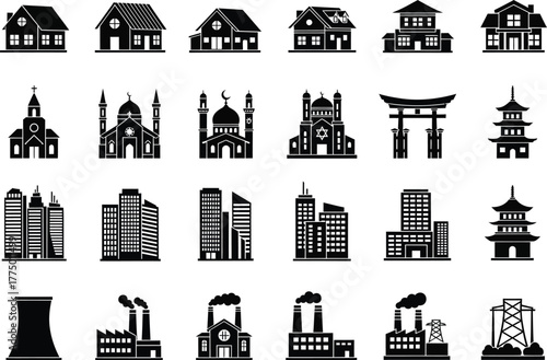 Collection of diverse architectural silhouettes featuring houses churches temples factories and modern buildings