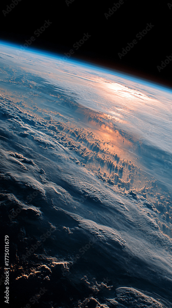 Fototapeta premium Earth seen from orbit at night, illuminated by city lights against the deep darkness of space, highlighting planetary beauty, cosmic perspective, and celestial wonder.