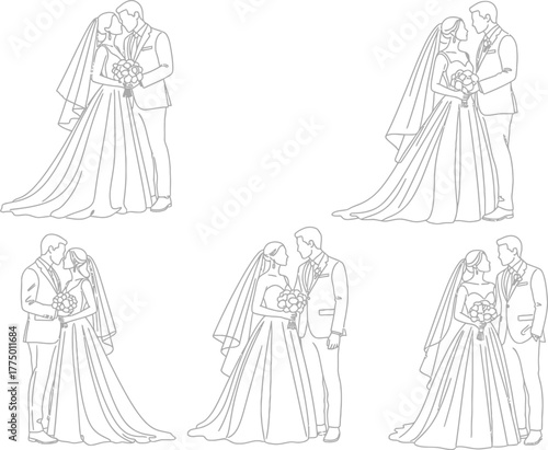 Five elegant hand drawn line art illustrations of couples in wedding dresses and suits embracing romantically