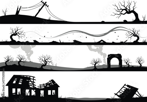 Spooky silhouettes of desolate landscapes with haunted houses dead trees and abandoned ruins