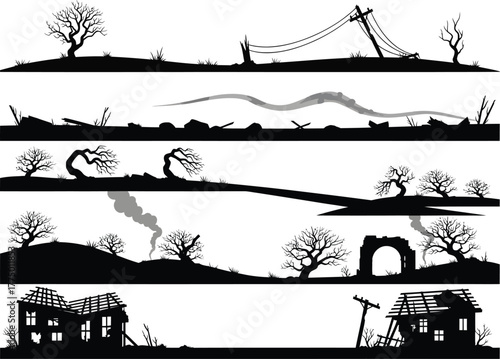 Silhouetted landscapes depicting post apocalyptic scenes of destruction and ruin