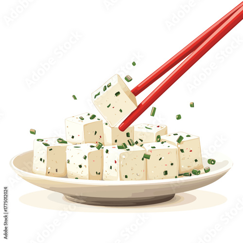 Delicious cubes of tofu being picked up with red chopsticks against a white background for food preparation and cooking   , vector style simple color