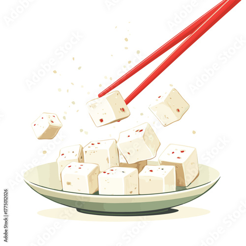 Delicious cubes of tofu being picked up with red chopsticks against a white background for food preparation and cooking   , vector style simple color