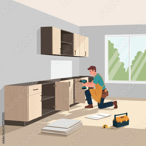 A carpenter installs new kitchen cabinets, meticulously assembling the furniture with precision and care, creating a functional and stylish space.