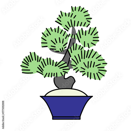 青い鉢に植えられた松の盆栽を表現したシンプルで上品なベクターイラスト｜日本の伝統美と自然の調和を感じる和風デザインや装飾向けの素材