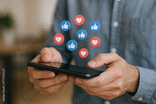 Wallpaper Mural Man Holding Smartphone with Social Media Notification Icons Hovering, Representing Engagement and Online Interaction Torontodigital.ca