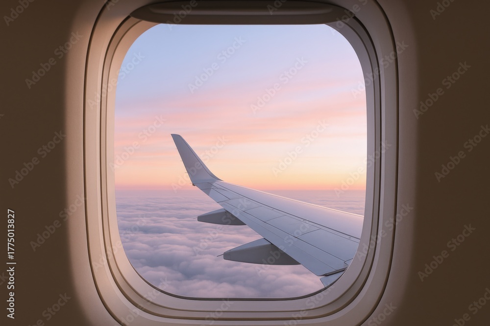 Fototapeta premium Airplane Wing View at Sunset from Window, Passenger Perspective, Travel, Tourism and Aviation