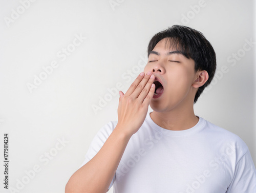 Asian man's expression sleepy white background