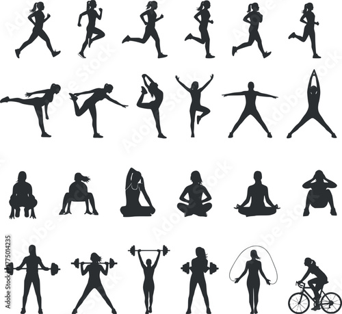 A collection of vector graphic illustrations of female silhouettes performing various sports and fitness activities. This set includes running, jumping, yoga, stretching, meditation, logo