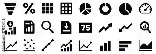 Analytics dashboard glyph icon set. Vector pictograms of percent, growth graph, decline, trend, arrow, filter, segmentation, magnify, analysis, document, black sign silhouette illustration. vector eps