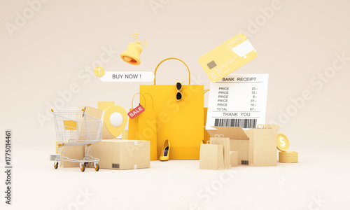Shopping cart credit card delivery boxes and receipt convey seamless online purchase process from payment to shipping without visiting physical stores. 3d rendering.