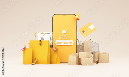 A smartphone with shopping cart and sale bags represents online store systems where purchases notifications and offers appear directly to customers anywhere. 3d rendering.